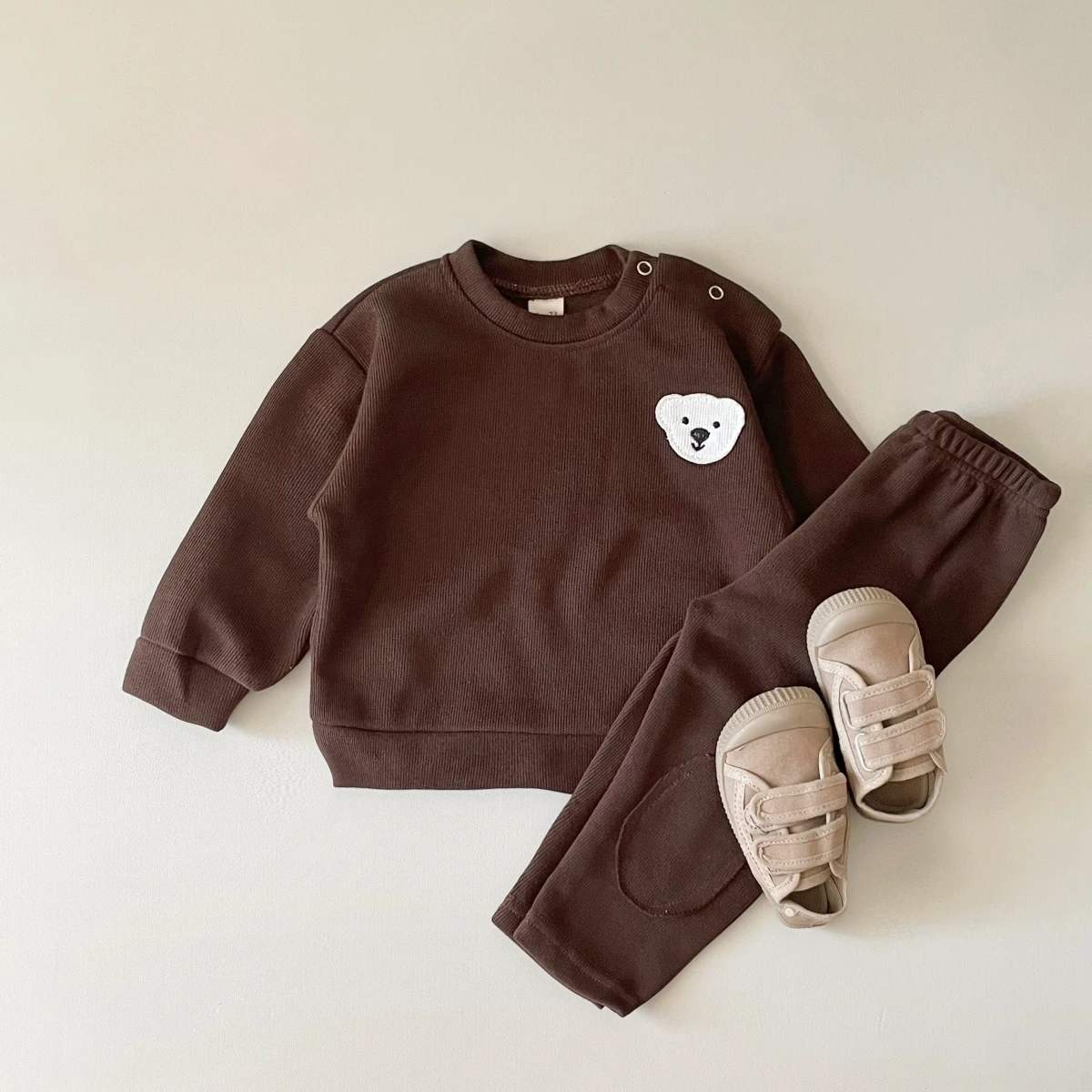 Newborn Baby Autumn Long Sleeve Cartoon Big Goose and Little Bear Pattern Patch Cotton Top+Casual Pants Preschool Clothing Set