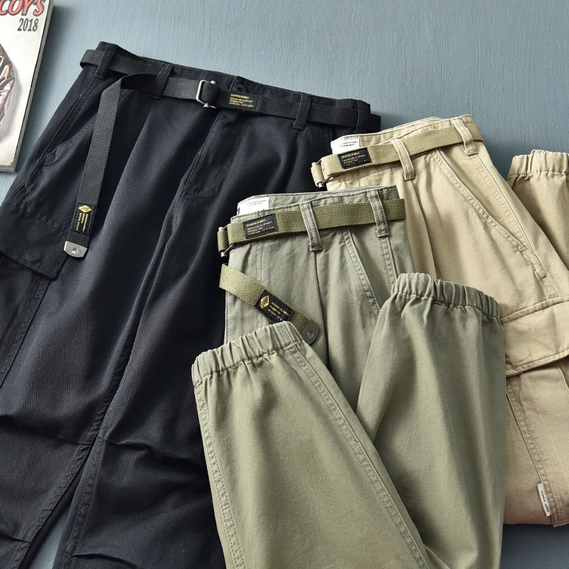 100% Cotton Tailored Panel Workwear Pants - Men's Straight-Leg Japanese Style Chino Pants Cargo Pocket Detail & Tapered Cuff