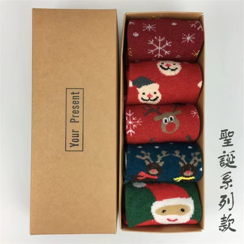 5 Pairs of New Rabbit Wool Christmas Socks Women Thickened Warm Gold Deer Ladies Socks Students Cartoon Socks