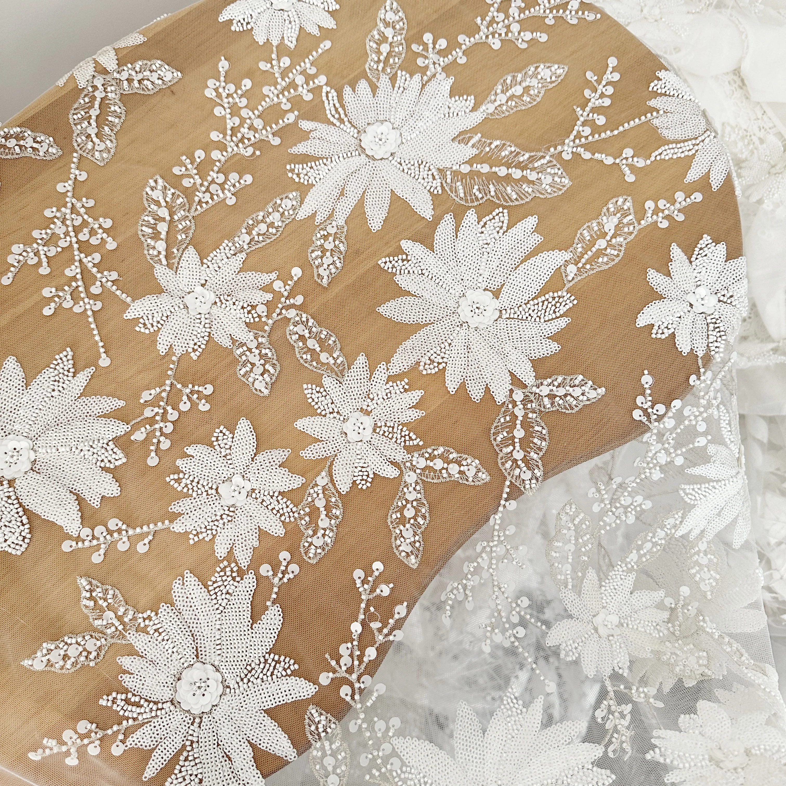 

1 Yard 3D Ivory Beaded Geometric Sunflower Couture Lace Fabric ,Wedding Dress Bridal Lace Fabric by Yard