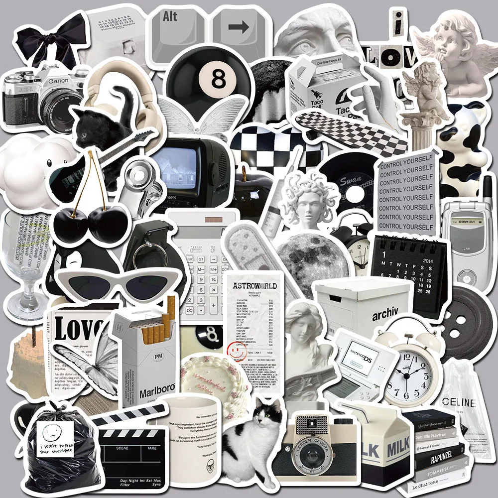 50Pc Vintage Decals Sticker Black&White Graffiti Stickers Toy Stationery Guitar Phone Bicycle Laptop Luggage Car