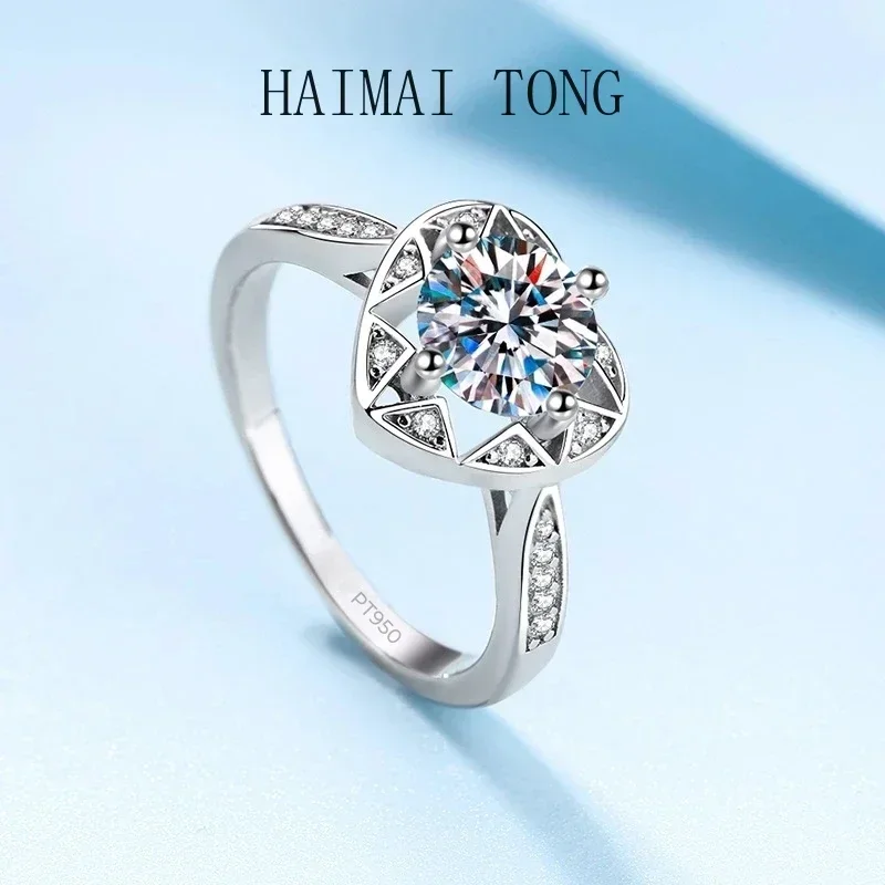 Platinum PT950 Jewelry Star's Wish Round Sparkling Moissanite VVS1 D Color Diamond 1Carat Luxury Wedding Rings for Women Lover