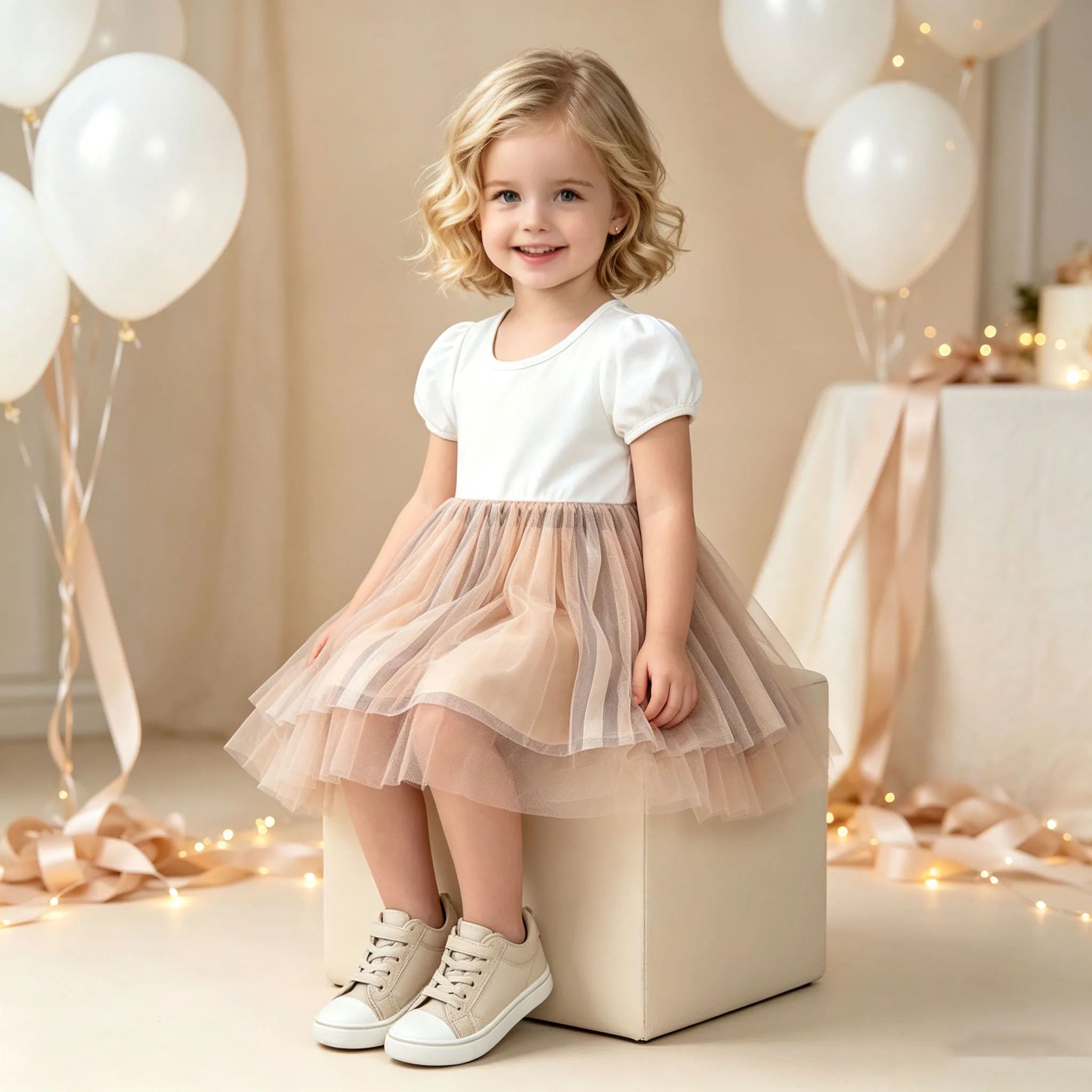 Toddler Baby Girls Cotton Dresses with Tulle Puff Short Sleeve  Kids Party Soft Adroable 1-6yrs Princess Dress Summer Outfits
