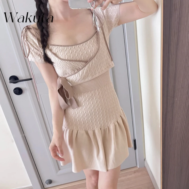 

WAKUTA Japan Y2k Beautiful Contrast Slim Fried Dough Twists Woven Bow Ribbon Suspender Skirt Harajuku Vintage Shawl 2 Piece Set