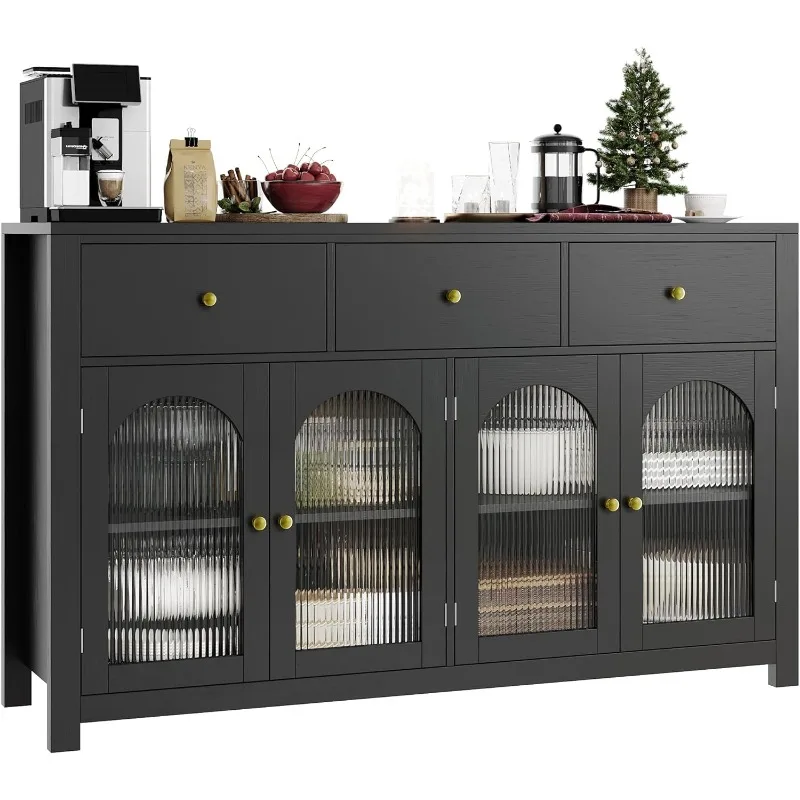 Buffet with Storage, 55.1-Inch Large Pantry Buffet, Farmhouse Style Kitchen Cabinet Display Cabinet with 3 Drawers and 4 Doors