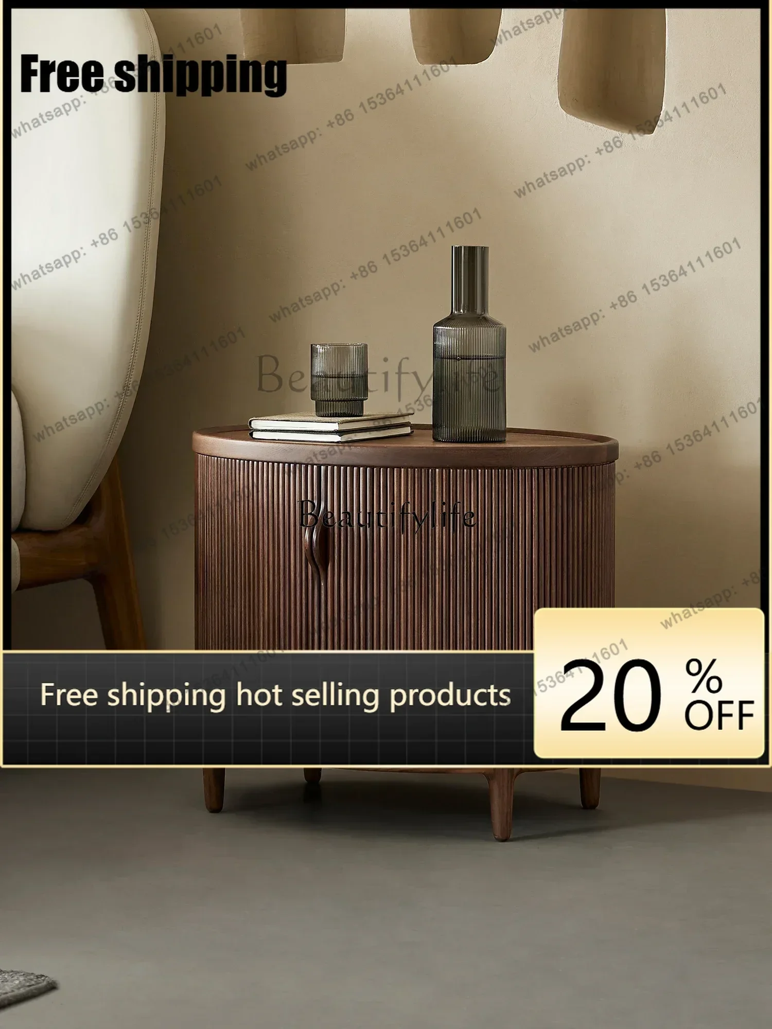 Customizable Black Walnut Rolling Shutter Door Solid Wood Bedside Table Bedroom Locker