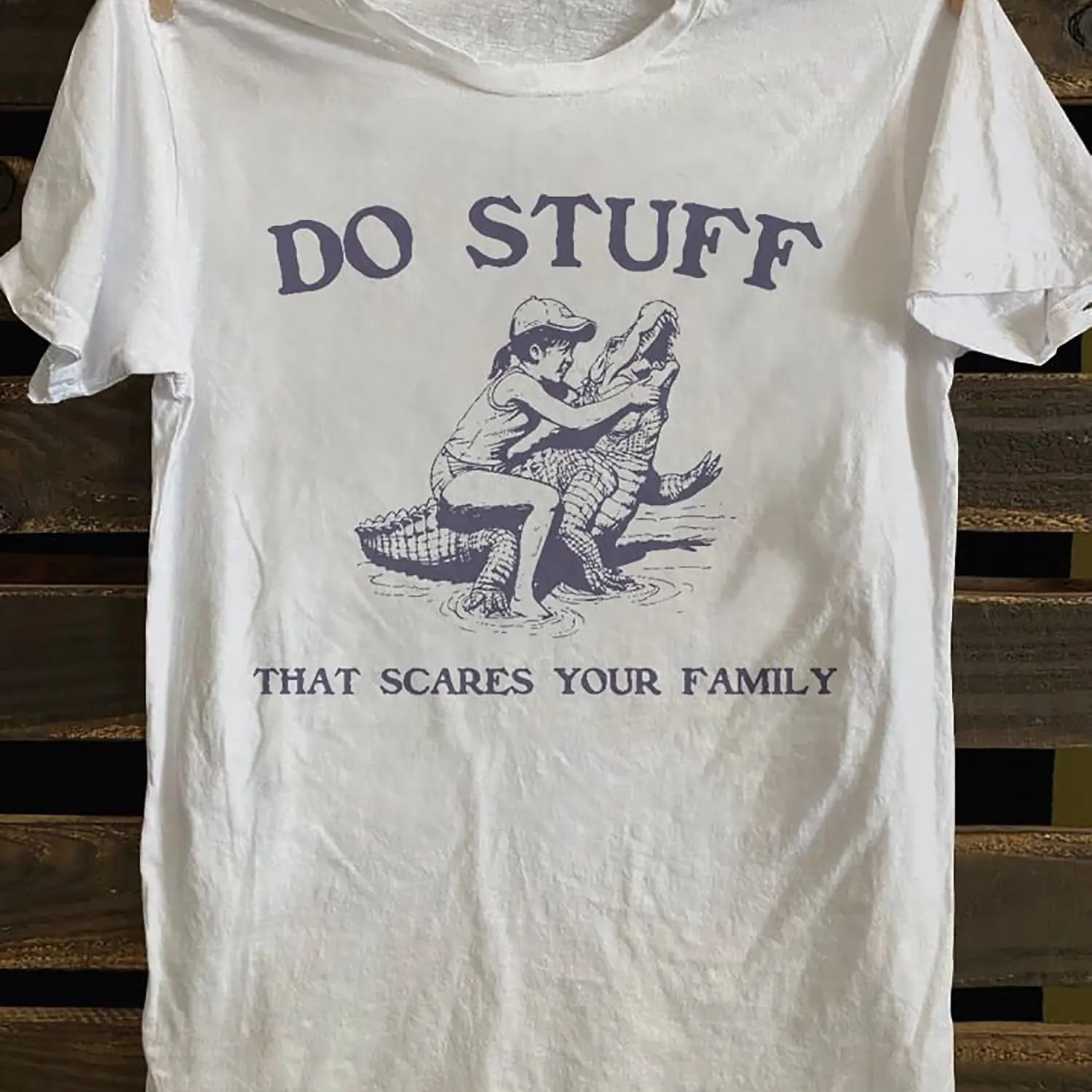 Herren-T-Shirt mit Punk-Rock-Band und Horror-Muster „Do STUFF“, Slogan, Krokodil-Design, weißes, kurzärmliges Freizeithemd mit Rundhalsausschnitt