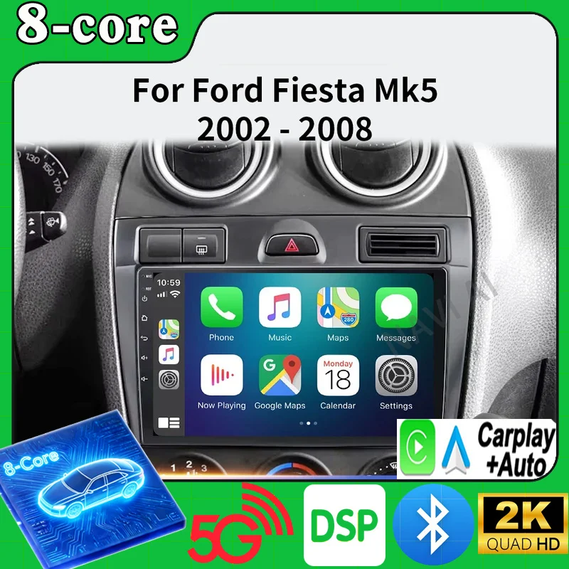 Radio de Coche Android 16 con Carplay para Ford Fiesta Mk VI 5 Mk5 2002-2008, Reproductor Multimedia GPS, Navegación, Reproductor de Video, Estéreo 2 Din, DVD