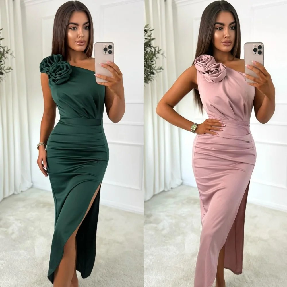 

Customized Modern Style Formal Charmeuse Handmade Flower Pleat Column One-shoulder Ankle Length Dresses Bespoke Occasion Dresses