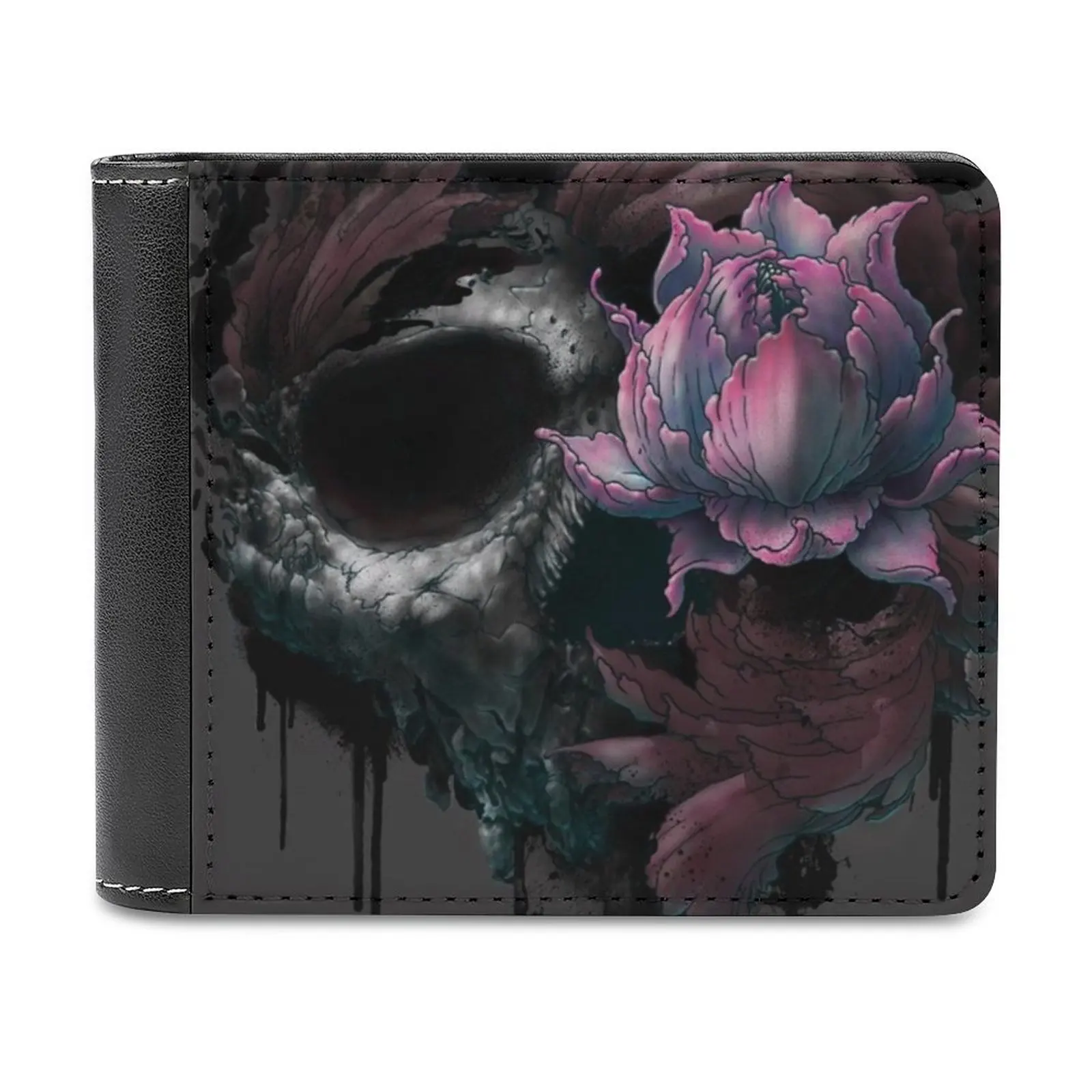 

Death Blooms Men's Wallet Leisure Travel Lightweight Portable Wallets Short Style Male Purse Skull Flower Plants Drips Nature