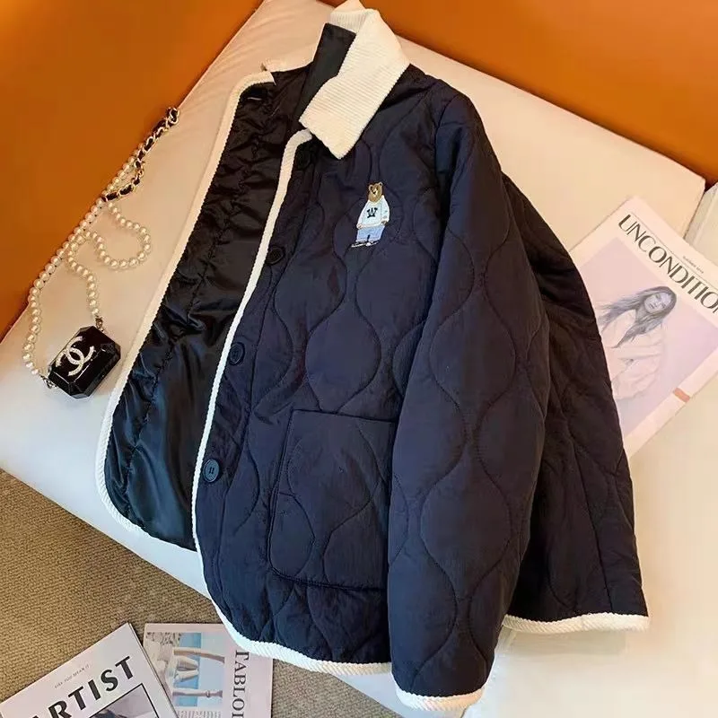 Women's Color Blocking Turn-down Collar Little Bear Embroidery Cotton Coat New Loose Short Jacket Warm Quilted Winter Coat Parka
