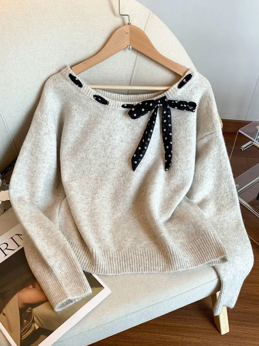 韓国風スレノットベルト付きワンショルダーニットセーター レディース 秋冬新作デザインセンセーション