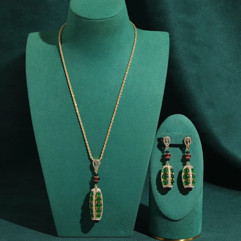 Vintage Green Glazed Water Droplet Jewelry Sets Red Necklace Earrings Ring 18k Gold Color Classic High Quality Wedding Gifts
