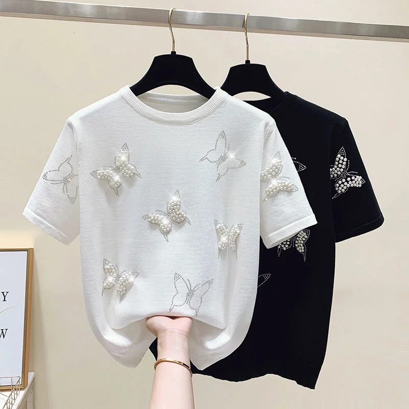 New Summer Luxury Design Butterfly Nail Bead Short Sleeve Knit Sweater Korean Fashion Thin Casual Jumper Women Knitwear 2022