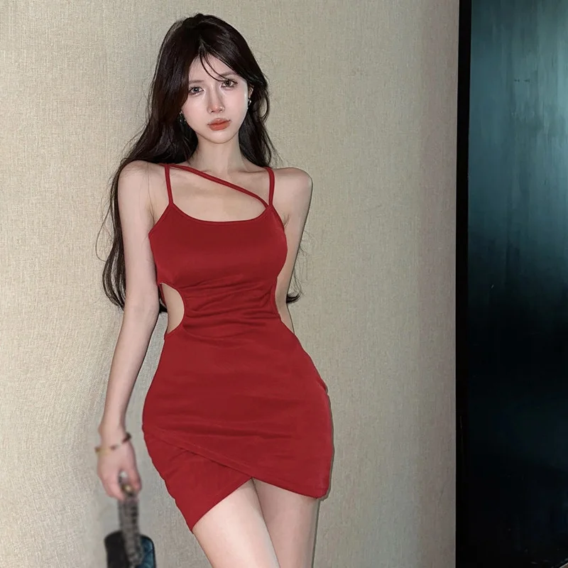 Women  Hollow Out Slim Sexy Dress Knitted Elastic Solid Colour Korean Version Sling Dress