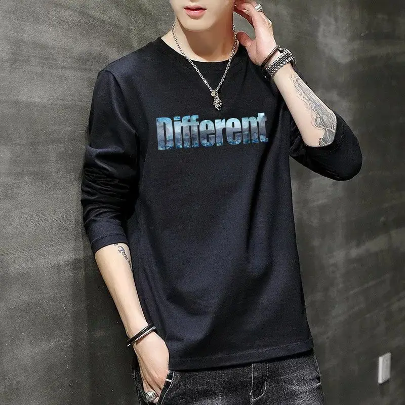 

Новое поступление, мужская футболка с длинным рукавом из 100% хлопка, круглый вырез, свободный крой, с принтом, модный повседневный базовый слой, топ для повседневной носки