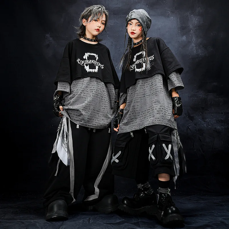 Children Streetwear Hip Hop T-shirt Cargo Shorts Pants Sets Boy Girl Loose Tshirt Trousers Kids Summer Tracksuit Stage Clothes