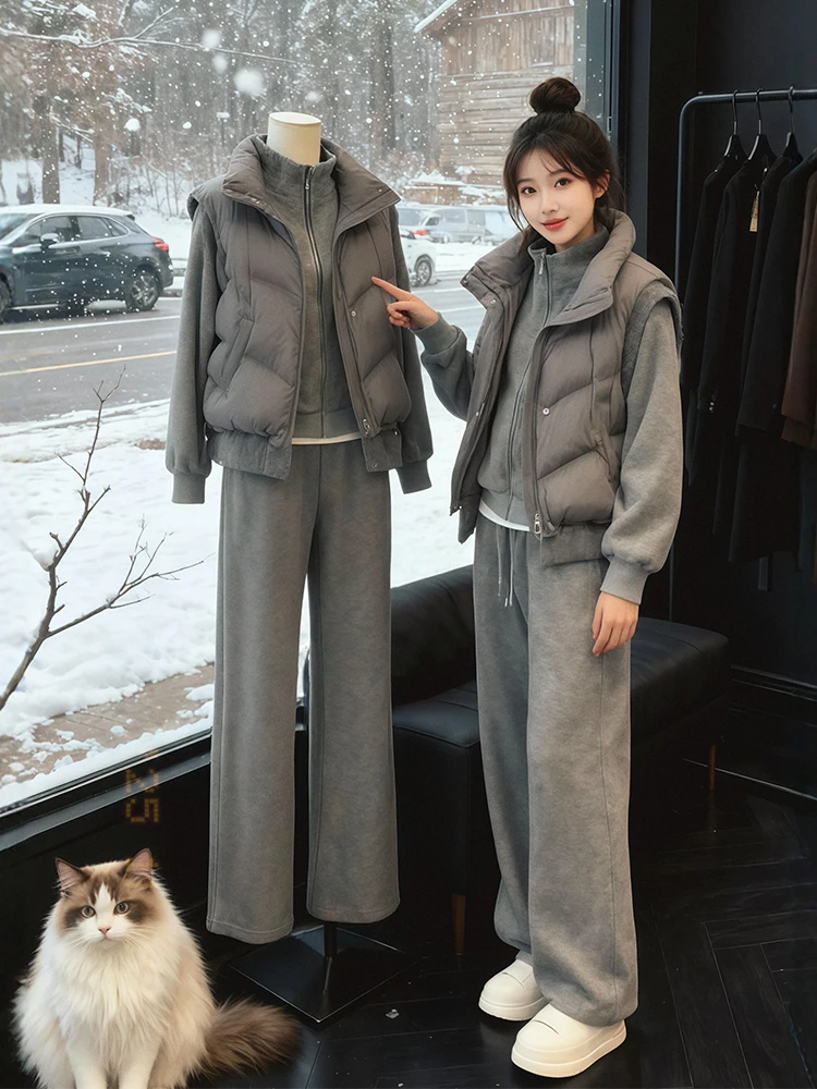 

Grey Hoodie Casual Pants Three Piece Set plus Size Women's Fashion Ensemble Durable Cotton down Jacket High Waist Trousers