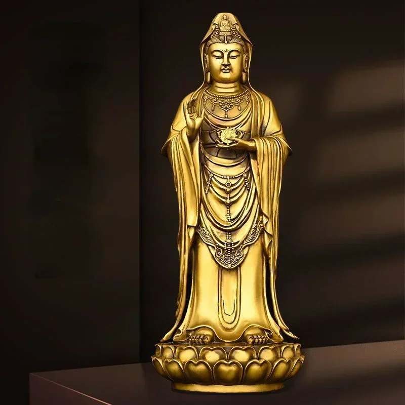 Feng Shui Lucky Copper South Sea Goddess of Mercy Bodhisattva Standing Lotus Flower Home Living Statues