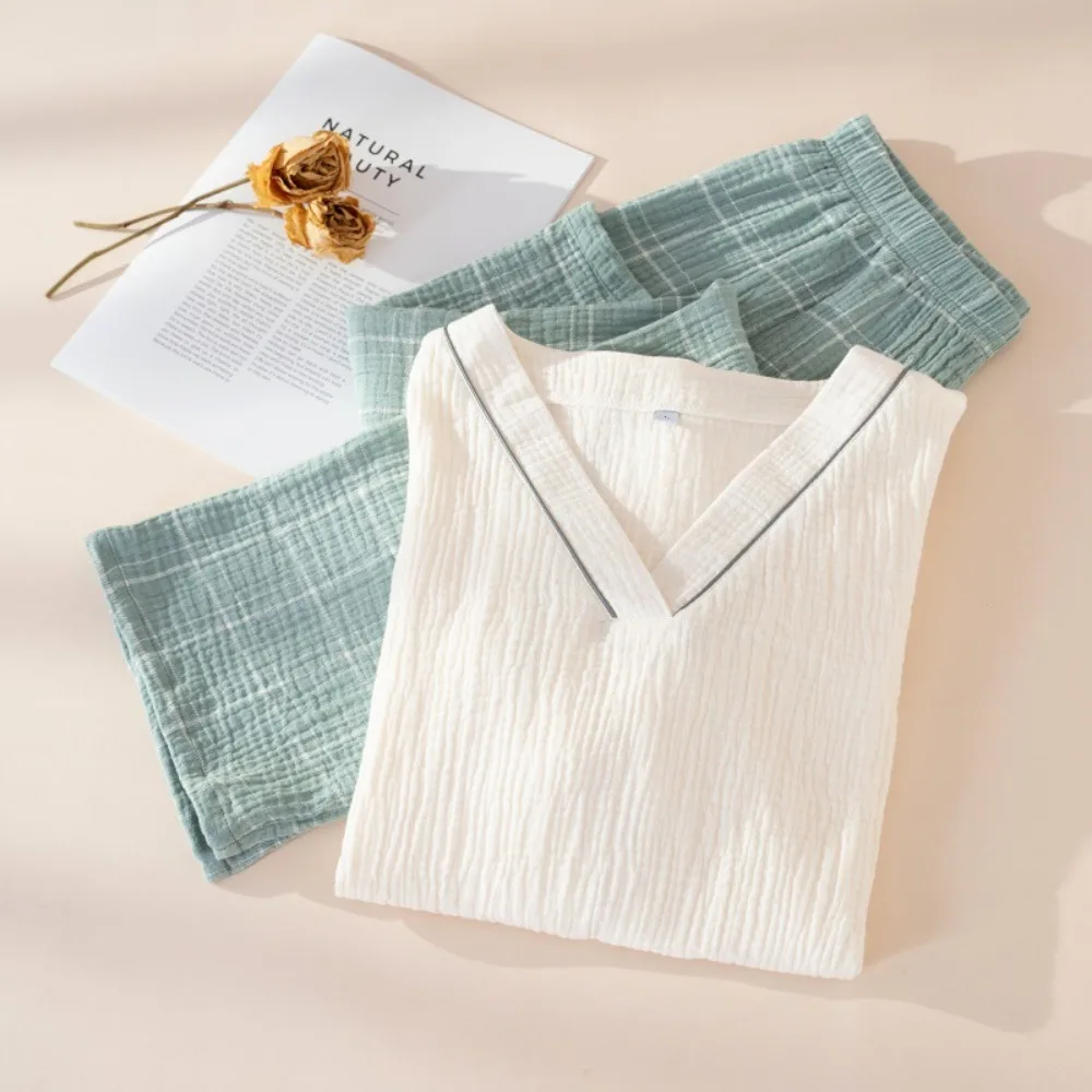 Summer Short-sleeve Plaid Long-Pants Cotton Sleepwear Women Pajama 2 Piece Sets Soft Comfy V-neck Homewear Casual Loungewear