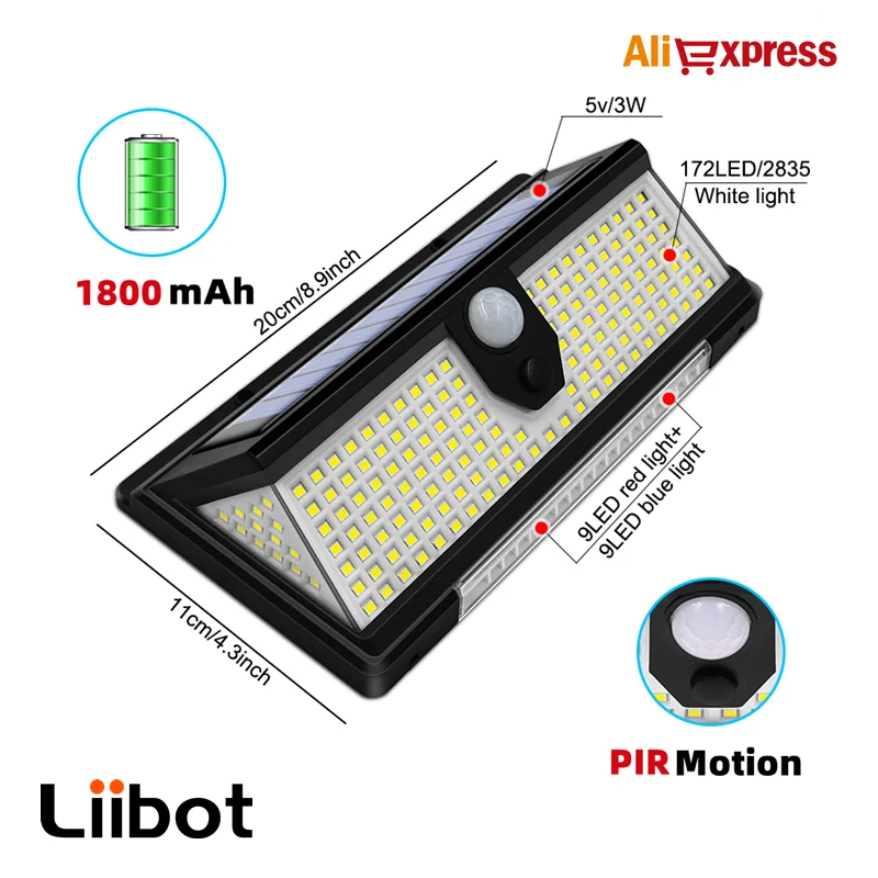 

190 LED Solar Lights Outdoor Solar Lamp PIR Motion Sensor Alert Flashing Waterproof Warning Light for Courtyard Garden Yard