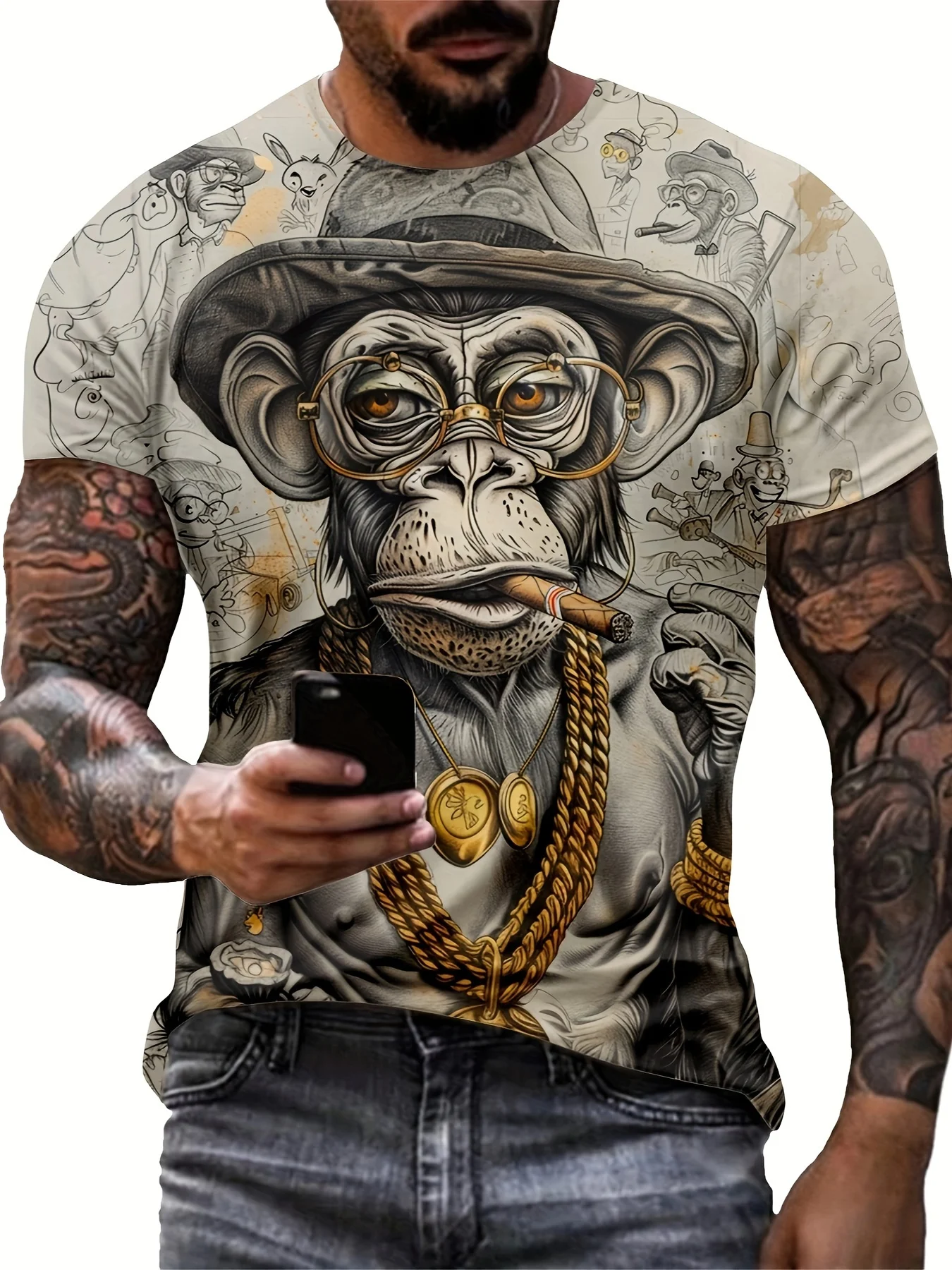 Retro Gorilla Grafik-T-Shirt |   Personalisiertes, lässiges Streetwear-Kurzarm-T-Shirt für Herren. Stilvolle Streetwear für Outdoor-Fitness