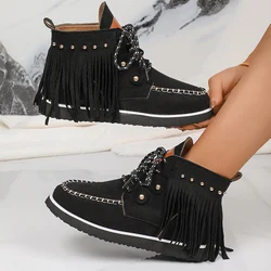 Vintage Tassel Lace-Up Western Boots for Women Autumn Winter Round Toe Cowgirl Rivet Boots Woman Suede Cowboy Chelsea Boots