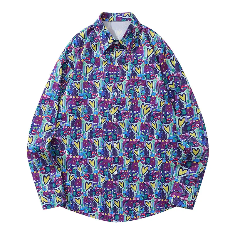 Aolamegs Men Long-Sleeved Shirt Japanese Retro Heart-Shaped Printed Blouse Coat Harajuku Oversized Loose Casual Top Unisex