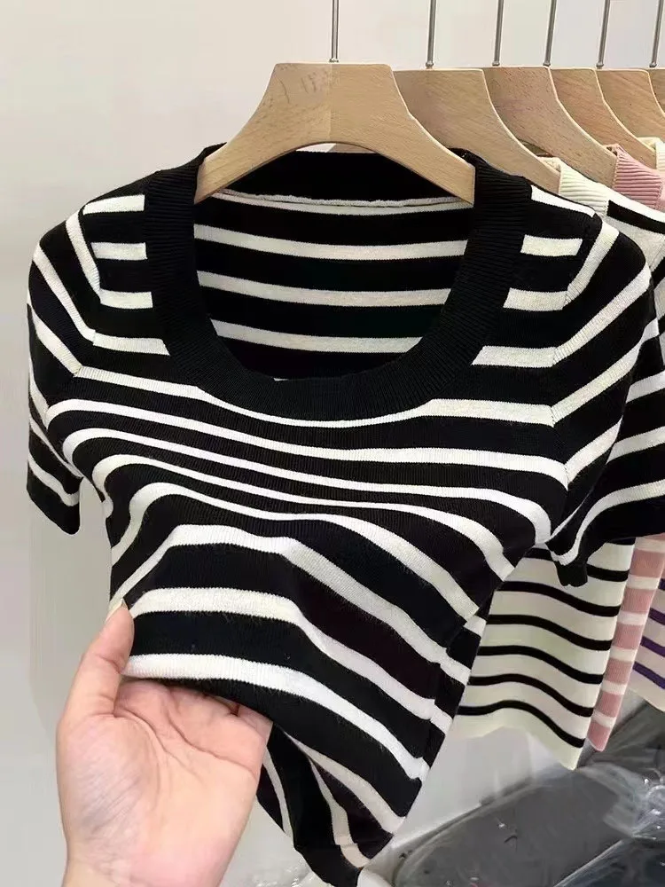 Summer New Fashion Stripe Knitted Short Sleeves Top For Women Korean Minimalist Round Neck Slimming Slim Fit Female Colthing Top