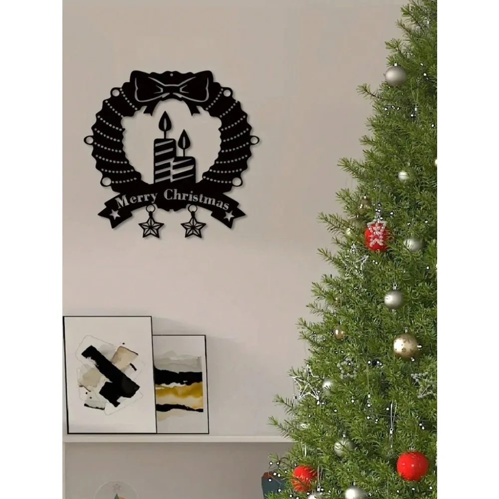 Metal Merry Christmas Wall Sign Candle Holder Home Front Door Porch Decor