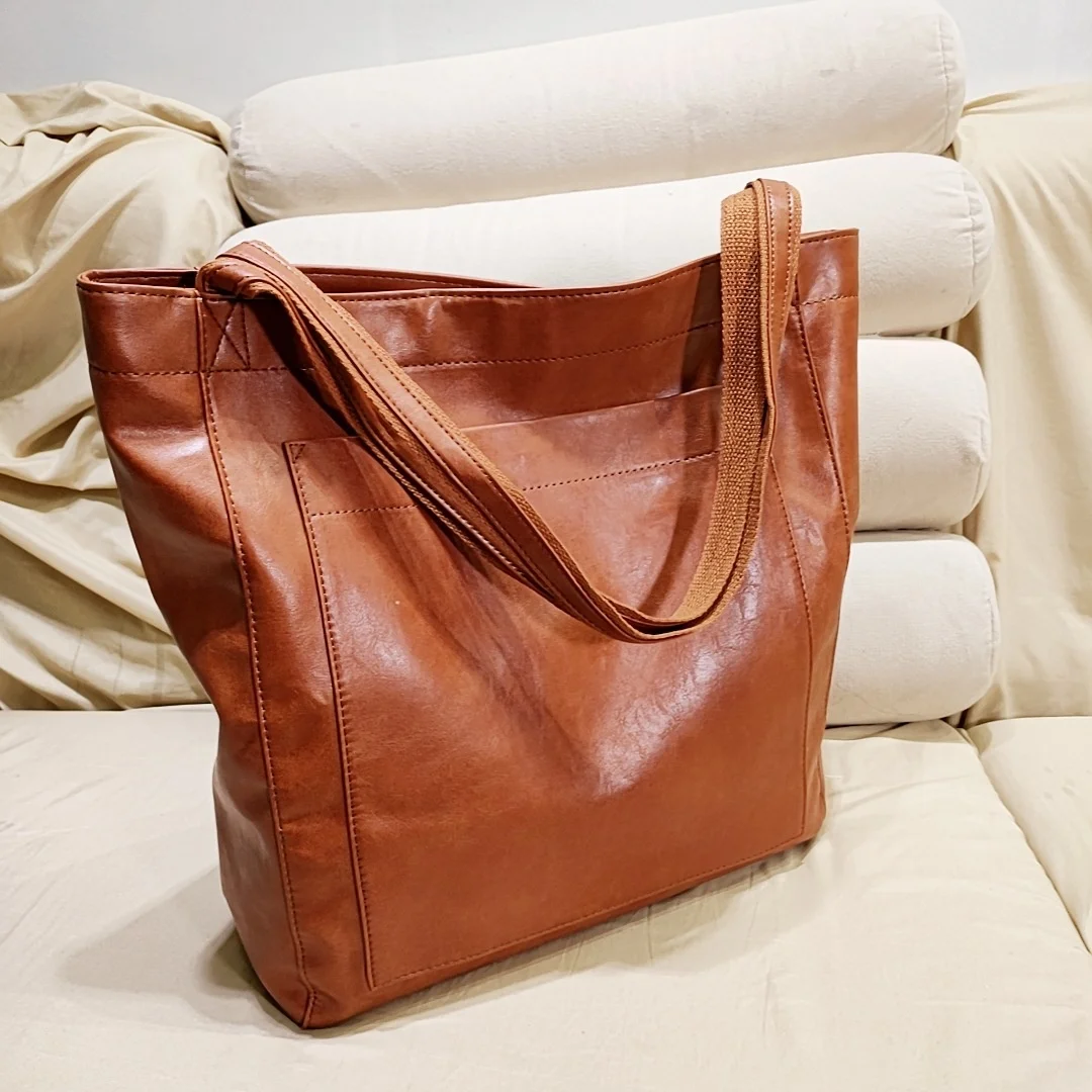 NEW Fashion Oversized Tote for Women Handbag Large Shoulder Vintage Style Solid Color Soft PU Leather Purses Casula Brown Bag