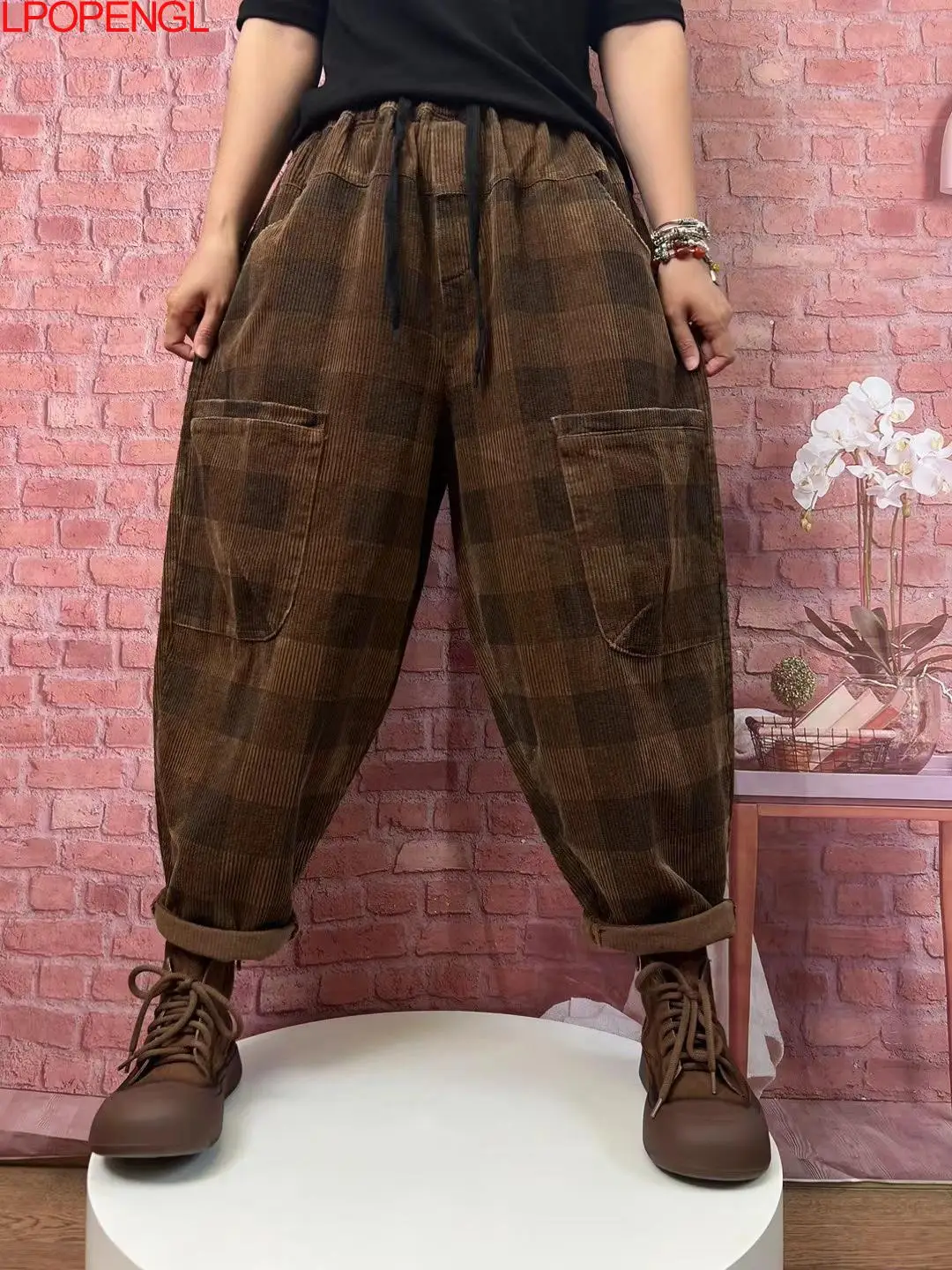 Autumn New Corduroy Patchwork Lattice Oversized Straight Harem Pants Woman Drawstring Streetwear Pocket Ankle-length Trousers