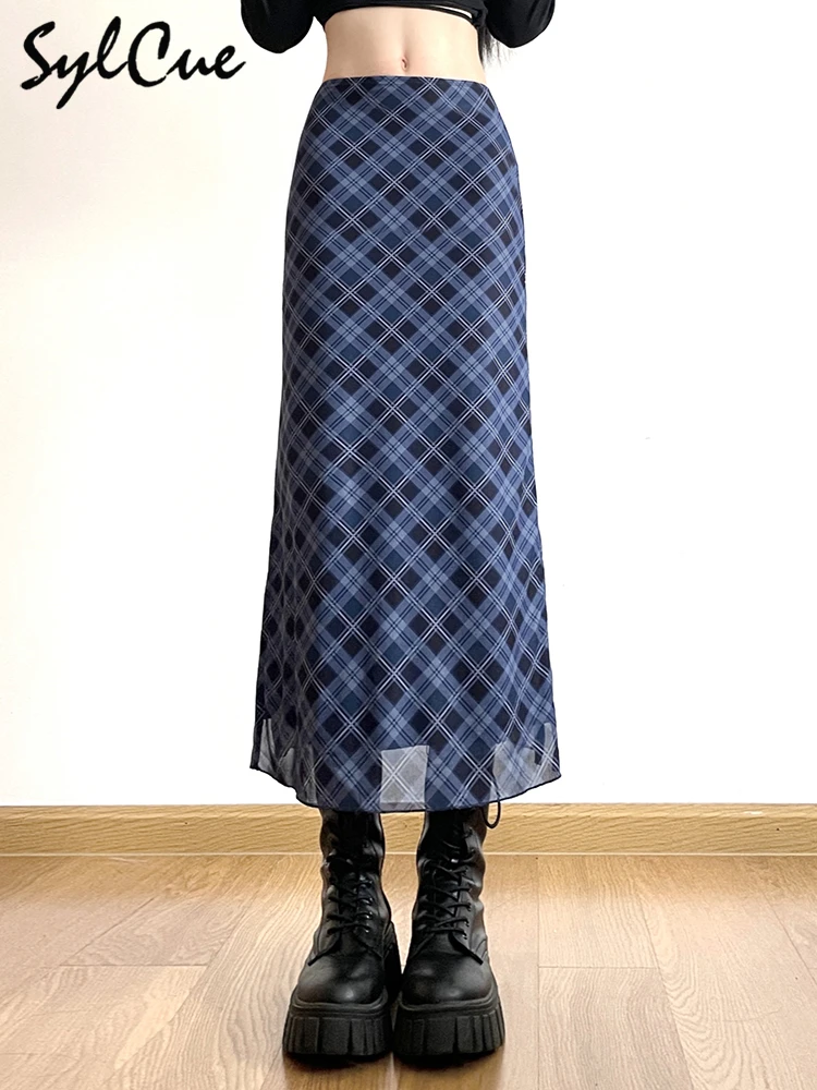 

Sylcue Французский Стиль Ромбовидная Классическая Ретро Универсальная Повседневная Модная Прохладная Уличная Женская Осенняя Прямая Юбка