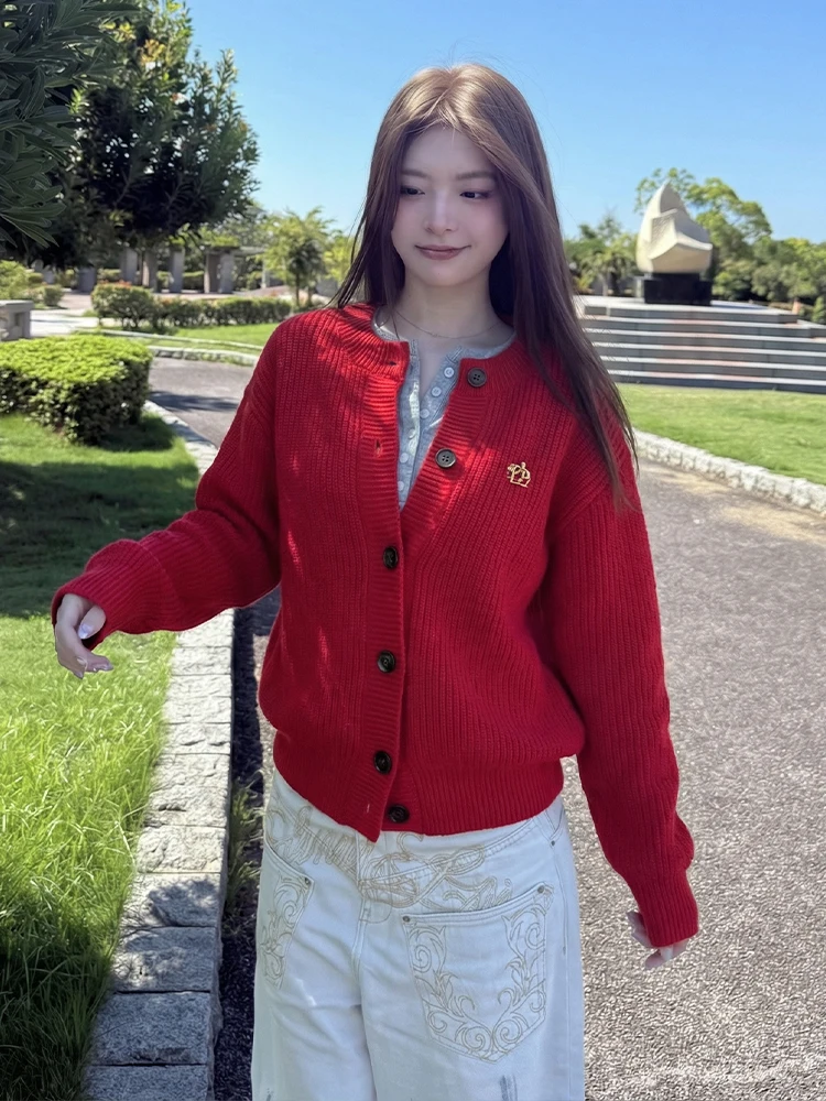 

Свободный длинный вязаный кардиган для женщин, весенний, раннеосенний, красного цвета, приталенный, с круглым вырезом, удобный, комфортный, трикотажная верхняя одежда