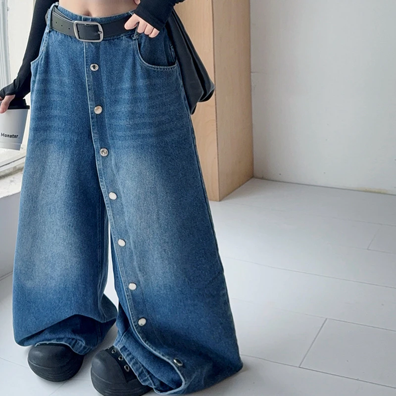 Fashion Girls' Trendy Cool Jeans Spring and Autumn New Girl Retro Multi Breasted Design loose Denim Wide leg Pants