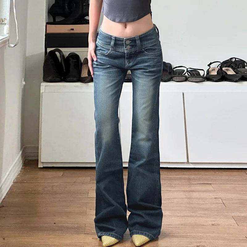 

Straight Jeans Women Low Waist Pants Washed Distressed Double Buttons Vintage Female Denims Trousers Floor Length Streetwear