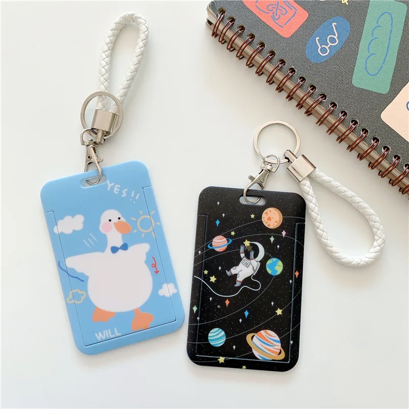 Student Cartoon Bus Card Case Badge Holder Cards Sleeve Animal Printed Id Credit Card Holder with Hand Rope Lanyard Cards Sleeve