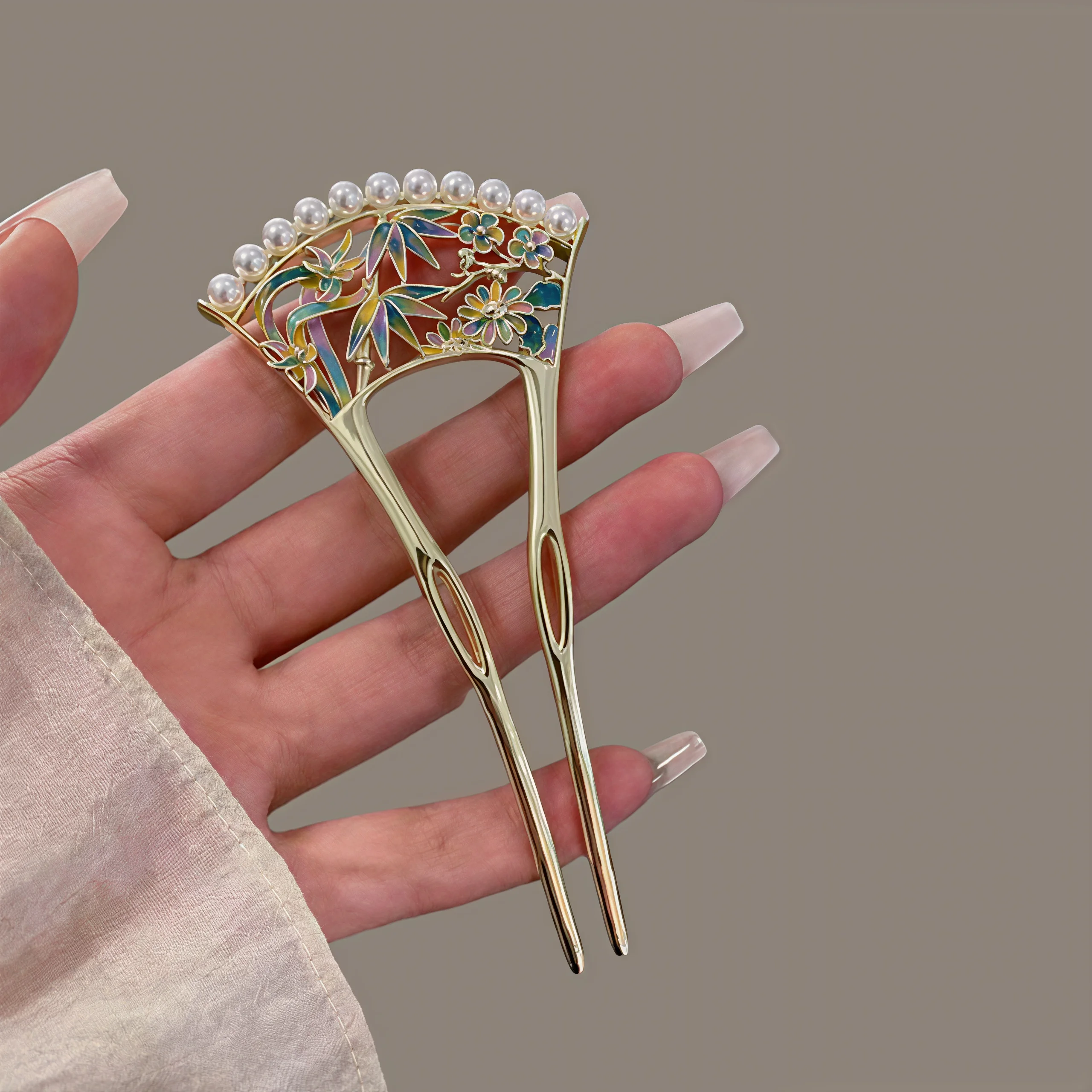 Metall-U-förmige Haarstäbchen mit Perlenquaste, Haargabel, Haarspange, französische Haarnadeln, Haaraccessoires für Damen und Mädchen, Haarschmuck, Styling-Tool – Detail 5