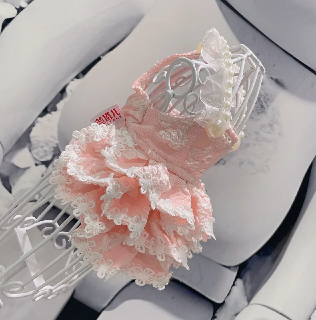 Cute Flocking 3D Flower Pink Pet Dress, Pearl Lace Elegant Dog Dress, Soft Princess Costume for Small Dogs