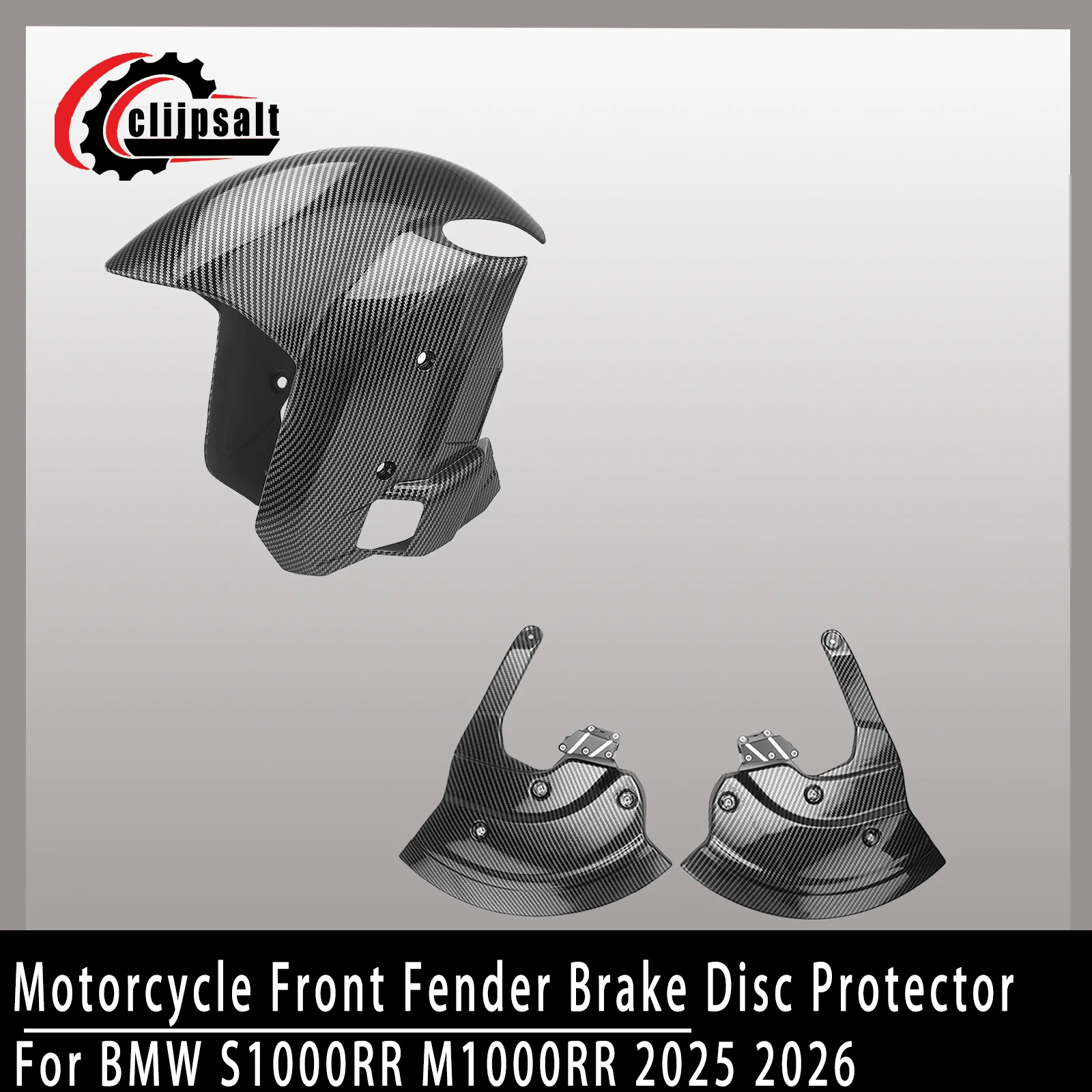 for BMW S1000RR and M1000RR motorcycles, including modified front wheel cover and brake disc assembly. ABS injection-molded.