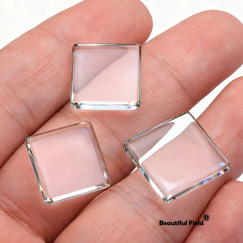 8–25 mm quadratische Klarglas-Cabochons, Blanko-Set, handgefertigte Fassungen, Steine, transparentes Glas mit flacher Oberfläche – Detail 2