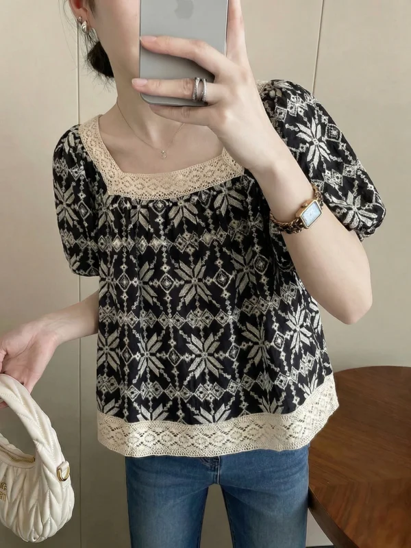 

Ethnic Style Square Collar Short Sleeve Women's Shirt Puffy Bubble Sleeve Loose Fit Summer New Arrival plus Size Doll Top
