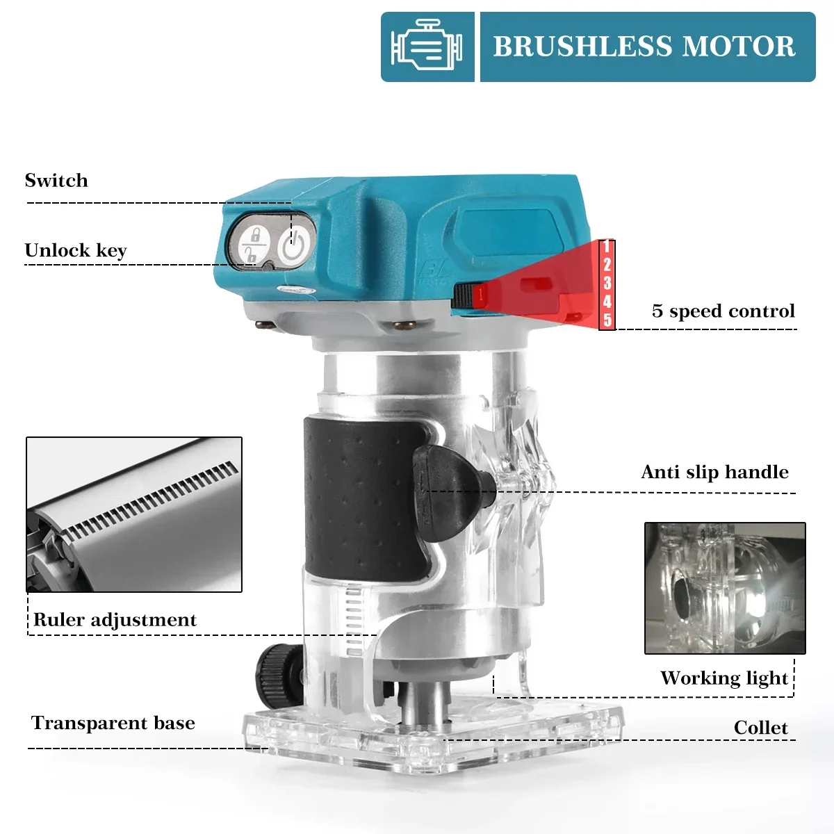 5 Speeds Brushless Electric Hand Trimmer Cordless Wood Router Woodworking Engraving Slotting for Makita 18V Battery No Battery