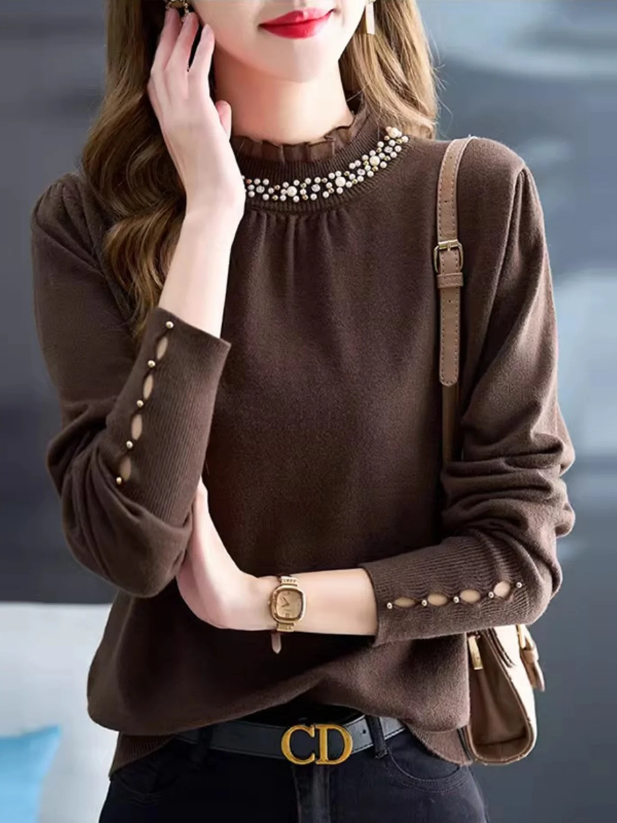 

Women's Knitted Lace Trim Base irt f High Collar Sweater Summer New Sle Korean Version Loose Fit Long Sve Top