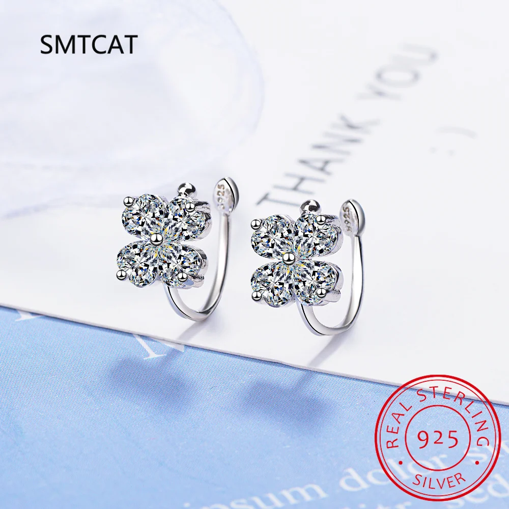 925 Sterling Silver Created Moissanite Gemstone Diamond Four Leaf Clover Ear Cuff Clip Earring Wedding Fine Jewelry Wholesale