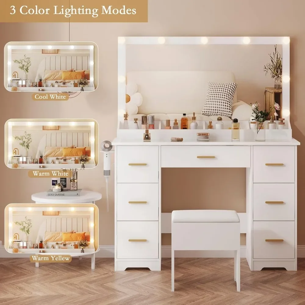 Dressing table with mirror  light and power socket dressing table with 9 drawers 3 adjustable light colors Dressers