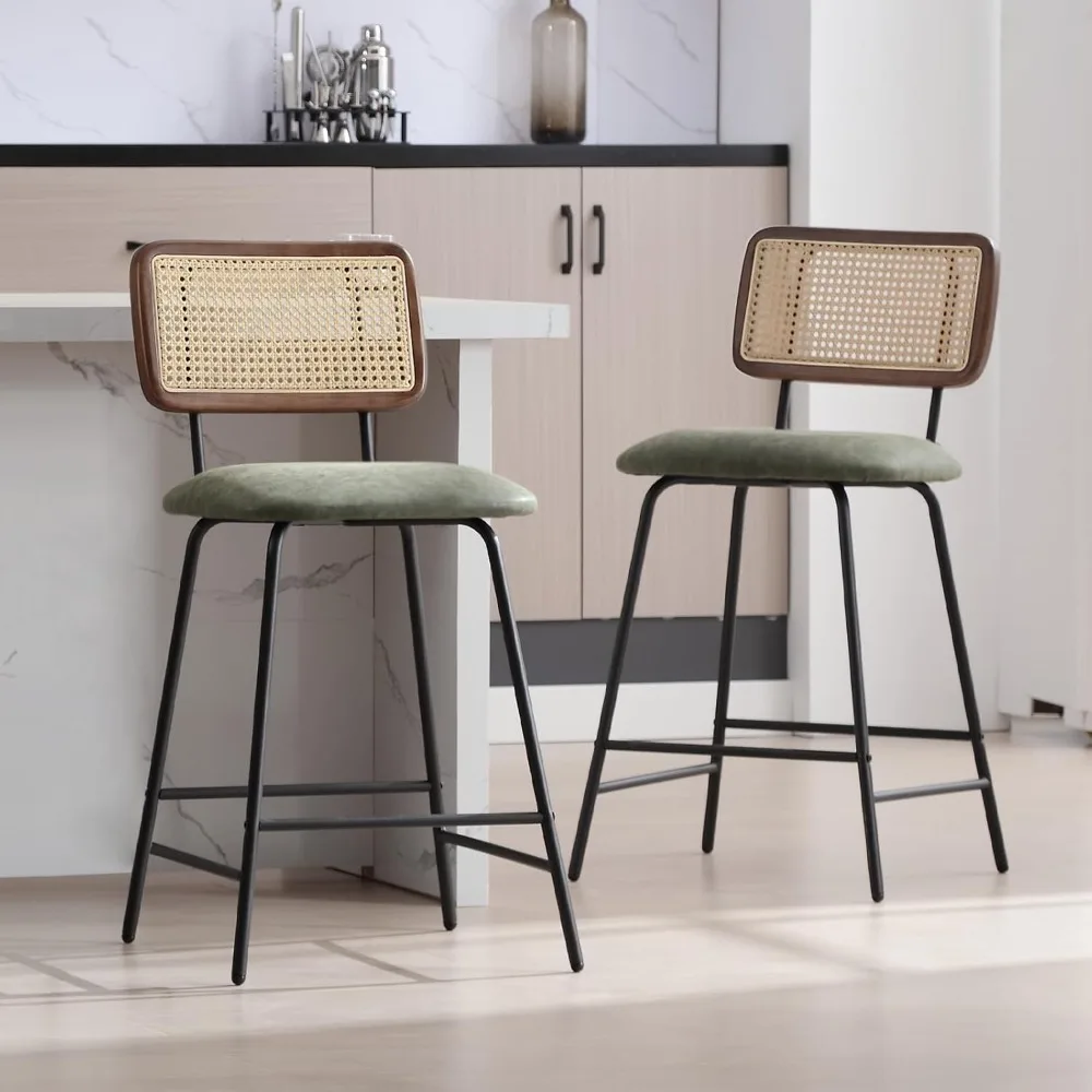 

Rattan Counter Height Bar Stools, 26'' Modern Pu Leather Counter Stools with Cane Back, Wicker Counter Stools for Kitchen