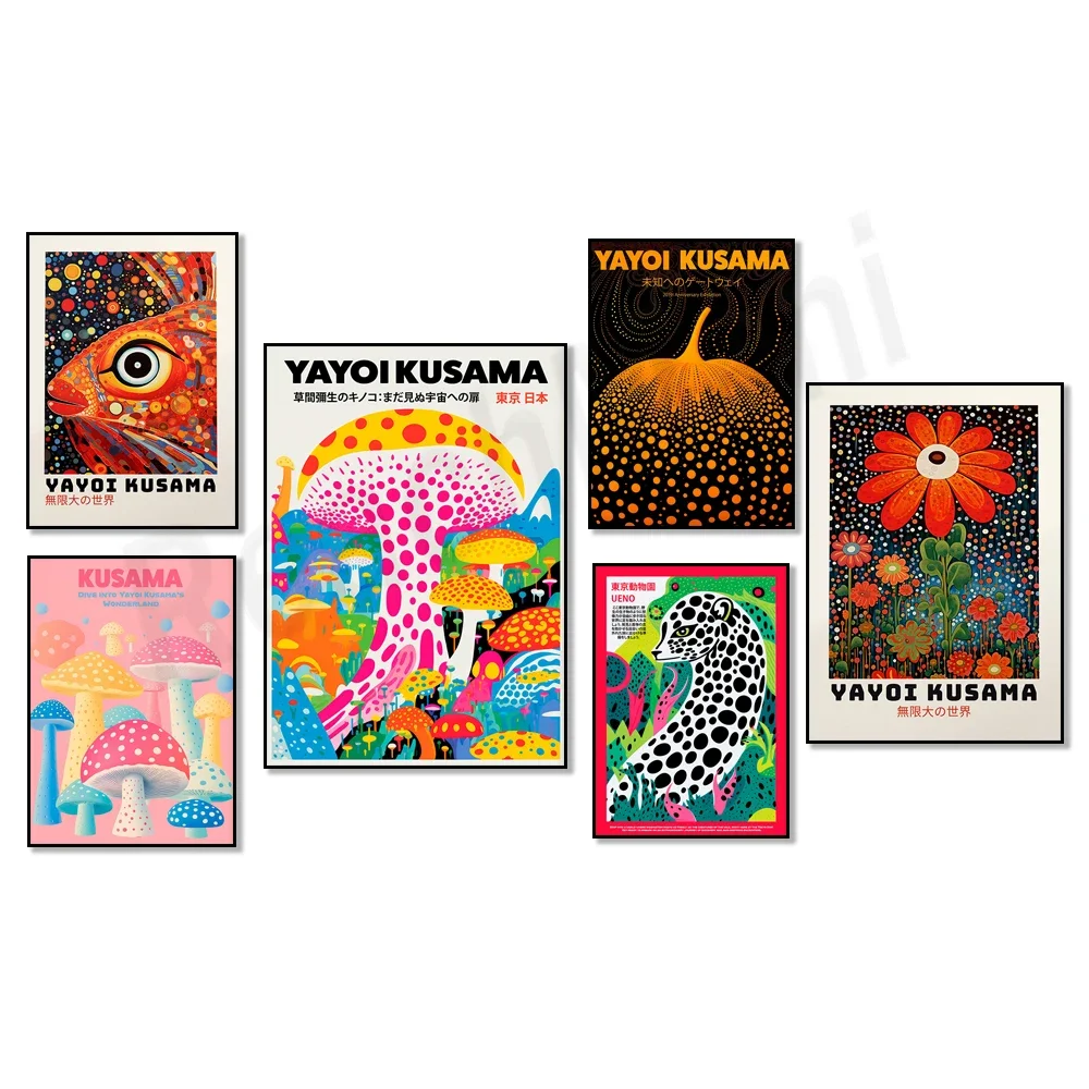 Yayoi Kusama abstract print inspired by Yayoi Kusama Japandi art, Yayoi Kusama pumpkin, Japanese art, museum exhibition poster