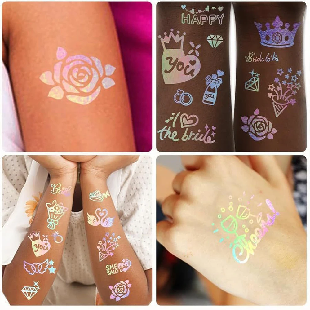 

4pcs Flash Temporary Tattoo Stickers for Wedding Team Bride Tribe Metallic Fake Tattoo for Hand Face Wedding Body Decoration