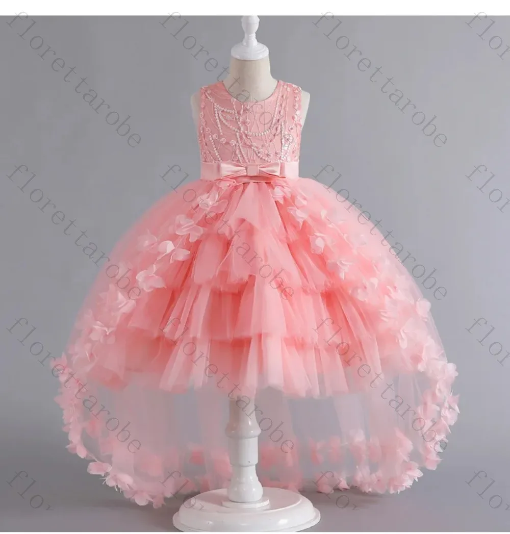 Customized Pink Sleeveless Trailing Princess Dress for Children Puffy Dress Beaded Tulle Flower Girl Kids Birthday Party Gown